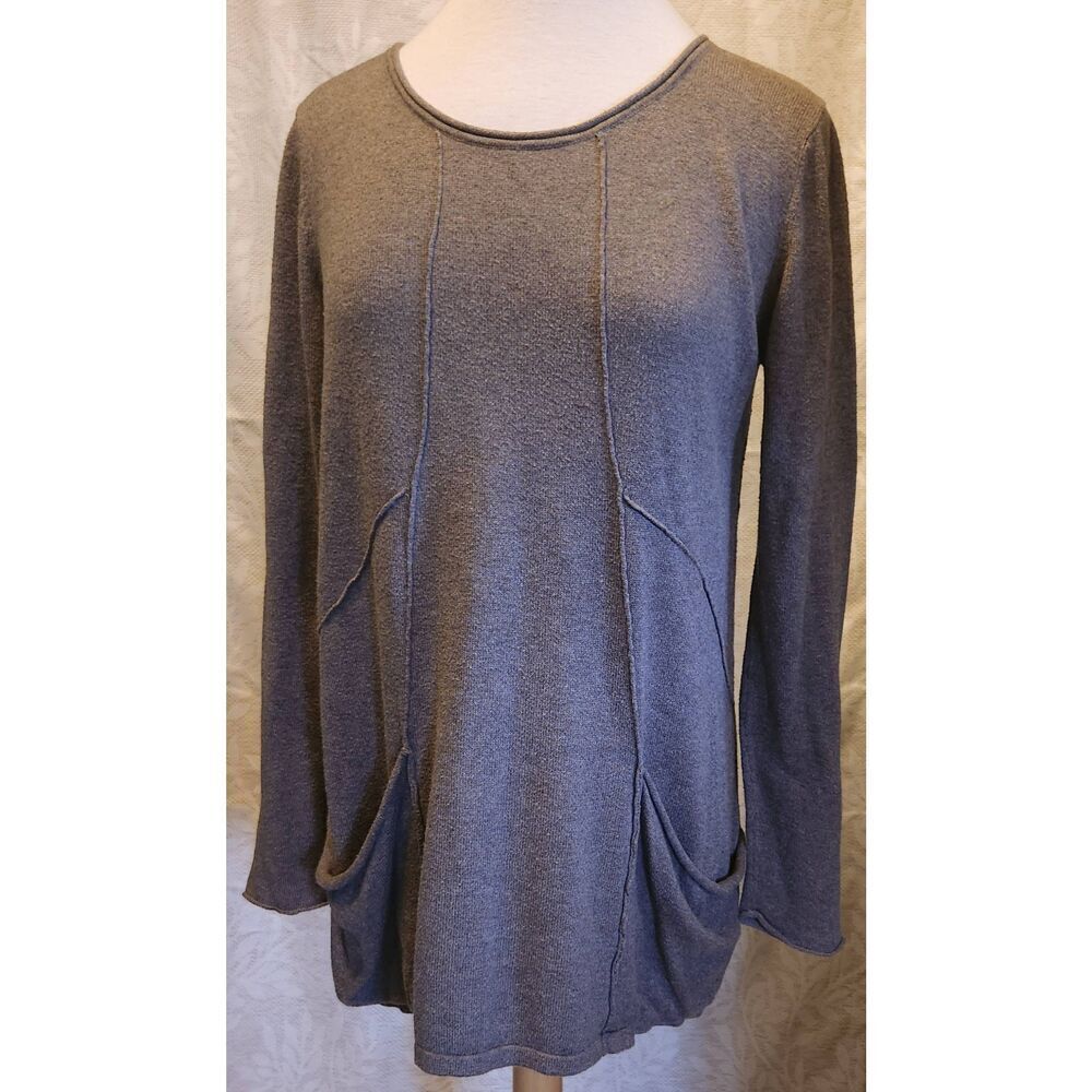T57 August Silk brown knit top raw seams slouch pockets Long Sleeved